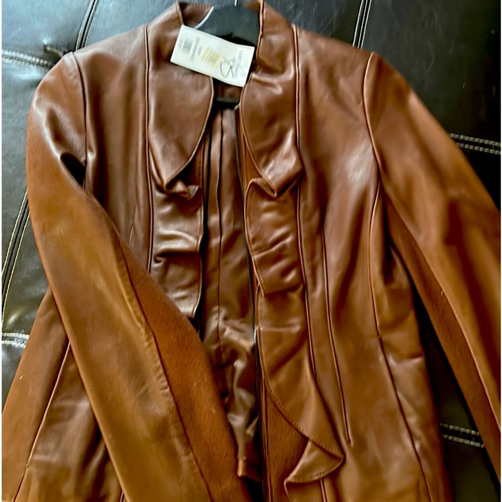 XS Tahari Brown Buttery Leather Jacket with Sweater Inserts on Arms